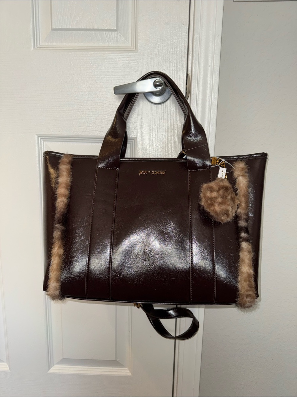 Betsey Johnson Brown Faux Leather Tote Bag with Fur Accents New with Tags